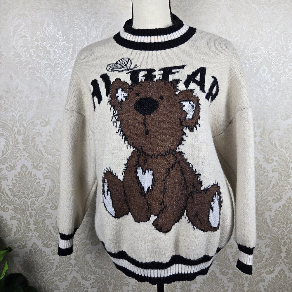 Teddy Bear Sweater "Hi Bear" Sz M/L Cream Black Brown Pullover Dropped Shoulder